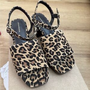 Anthropologie Leopard-Pattern Block Heel Sandals in Tan and Black